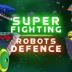Renkli robotlar ve uzaylı yaratıkların olduğu, Super Fighting Robots Defence yazılı bir uzay sahnesi