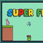 Renkli SUPER FROG yazısı, yeşil bir kurbağa, tavşan, kuş ve başka bir yaratıkla platform üzerinde