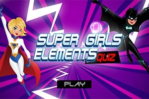Mor ve pembe çizgili arka plan üzerinde iki süper kahraman kostümlü karakter ve Super Girls Elements Quiz metni