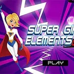 Mor ve pembe çizgili arka plan üzerinde iki süper kahraman kostümlü karakter ve Super Girls Elements Quiz metni