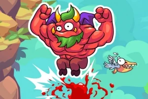 Kırmızı kaslı bir yaratık, komik bir kuşun yanında zıplayarak kan sıçratıyor