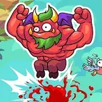 Kırmızı kaslı bir yaratık, komik bir kuşun yanında zıplayarak kan sıçratıyor