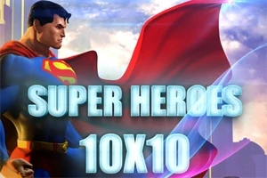 Süper kahraman kıyafetli bir adamın, arka planında kırmızı pelerinle birlikte gökyüzüne baktığı bir sahne, üzerinde SUPER HEROES ve 10X10 yazısı
