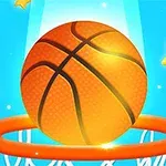 Turuncu bir basketbol topu havada süzülürken, arka planda yıldızlar ve mavi bir fon bulunan bir potaya doğru hareket ediyor