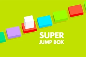 Yeşil bir arka planda, renkli kutular üzerinde duran beyaz bir küp ve SUPPER JUMP BOX yazısı