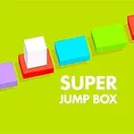 Yeşil bir arka planda, renkli kutular üzerinde duran beyaz bir küp ve SUPPER JUMP BOX yazısı