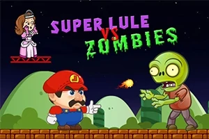 Animasyonlu bir karakter zombi ile karşı karşıya, arka planda orman ve platform üstünde bir prenses yer alıyor