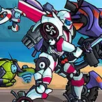 Beyaz zırhlı robot, mor robot ile kılıçla mücadele ederken, arkada turuncu ve yeşil renkli iki küçük robot bulunuyor