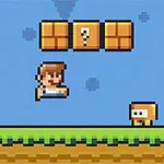 Piksel tarzında bir platform oyununda, mavi arka plan üzerinde zıplayan bir karakter ve üzerinde soru işareti olan bloklarla karşılaşan küçük kutu yaratık