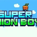 Piksel art tarzında Super Onion Boy yazısı ve arka planda içi beyaz ve mavi gökyüzü üzerinde şirin karakterler
