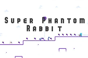 Beyaz arka plan üzerinde Super Phantom Rabbit yazısı ve platformda küçük mavi bir tavşan karakteri