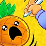 Üzgün yüz ifadesi olan bir ananas, bir elde tutulurken, diğer elde bir kalemle birlikte
