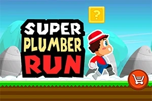 Bir koşucu karakter, mavi gökyüzü ve bulutların önünde, üzerinde soru işareti olan bir nesneye doğru ilerliyor; sol altta Super Plumber Run yazısı ve sağ altta alışveriş sepeti simgesi bulunuyor