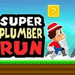 Bir koşucu karakter, mavi gökyüzü ve bulutların önünde, üzerinde soru işareti olan bir nesneye doğru ilerliyor; sol altta Super Plumber Run yazısı ve sağ altta alışveriş sepeti simgesi bulunuyor
