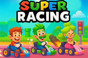 Üç farklı renkte go-kart aracı süren neşeli çizgi karakterler ve yanlarında SUPER RACING yazısı