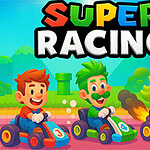 Üç farklı renkte go-kart aracı süren neşeli çizgi karakterler ve yanlarında SUPER RACING yazısı