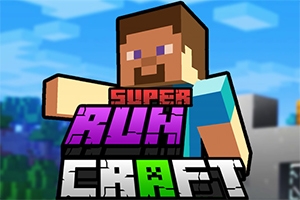 Bloklu grafik tarzında bir karakter, renkli bir arka plan önünde Super Run Craft metniyle