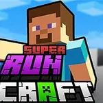 Bloklu grafik tarzında bir karakter, renkli bir arka plan önünde Super Run Craft metniyle