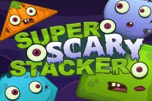 Renkli ve ürkütücü çizimlerin yer aldığı bir afiş üzerinde Super Scary Stacker yazısı
