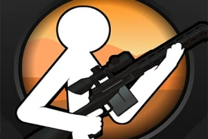 Beyaz bir çöp adam, siyah bir tüfekle turuncu bir arka plan önünde duruyor