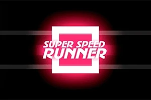 Siyah zemin üzerinde iki beyaz yatay çizginin ortasında beliren pembe ve beyaz parlayan bir kare ile üzerinde Super Speed Runner yazısı