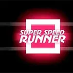 Siyah zemin üzerinde iki beyaz yatay çizginin ortasında beliren pembe ve beyaz parlayan bir kare ile üzerinde Super Speed Runner yazısı