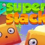 Renkli yüz ifadelerine sahip çeşitli geometrik şekiller ve super stack yazısı