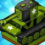 Yeşil renkli yıldızlarla süslenmiş bir tank çizimi, parlak mavi arka plan üzerinde
