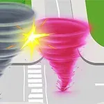 Bir yol kavşağında karşılaşan gri ve pembe iki kasırga, çarpışma anında parlak bir ışık saçıyor