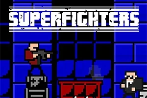 Pikselli grafikli bir sahnede, silah taşıyan iki karakter ve üst kısımda SUPERFIGHTERS yazısı