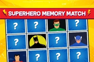 Sarı ve mavi arka plan üzerinde, Superhero Memory Match yazısıyla birlikte farklı süper kahramanların ve soru işaretlerinin bulunduğu kareler