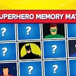 Sarı ve mavi arka plan üzerinde, Superhero Memory Match yazısıyla birlikte farklı süper kahramanların ve soru işaretlerinin bulunduğu kareler