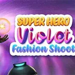 Mor ve kırmızı süper kahraman kıyafeti giymiş, maskeli genç bir karakter ve yanında Super Hero Violet Fashion Shoot yazısı