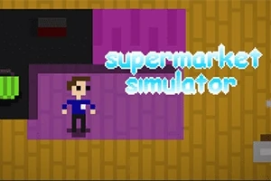 Piksel tarzı bir karakter, mor bir zeminde duruyor ve yanında supermarket simulator yazısı var