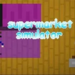 Piksel tarzı bir karakter, mor bir zeminde duruyor ve yanında supermarket simulator yazısı var
