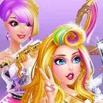 Üç stil sahibi kadın, parlak arka plan önünde saç şekillendirirken ve selfie çekerken gösteriliyor