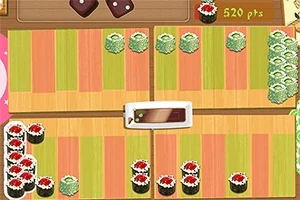 Renkli zemin üzerinde farklı türde sushi çeşitleri ve puan göstergesi