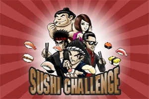 Kırmızı arka plan üzerinde dört karakter çubuklarıyla sushi tutarken, Sushi Challenge yazısı aşağıda yer alıyor