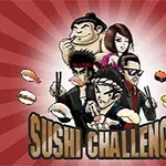 Kırmızı arka plan üzerinde dört karakter çubuklarıyla sushi tutarken, Sushi Challenge yazısı aşağıda yer alıyor