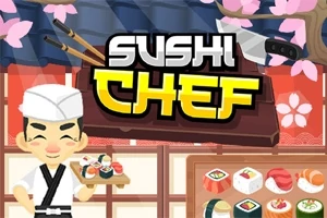 Sushi şef kıyafetli bir karakter, önünde çeşitli sushi tabakları ve üstte büyük harflerle yazılmış Sushi Chef yazısı