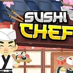 Sushi şef kıyafetli bir karakter, önünde çeşitli sushi tabakları ve üstte büyük harflerle yazılmış Sushi Chef yazısı