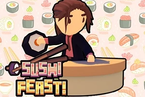 Animasyon tarzı bir karakter, sushi temalı arka plan önünde yemek hazırlıyor