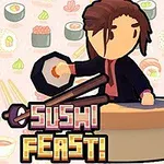 Animasyon tarzı bir karakter, sushi temalı arka plan önünde yemek hazırlıyor