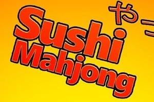 Turuncu arka plan üzerinde kırmızı harflerle Sushi Mahjong yazısı