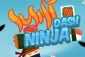 Karikatür tarzında tasarlanmış ninja figürü ve sushi parçalarıyla birlikte renkli bir grafik