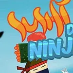 Karikatür tarzında tasarlanmış ninja figürü ve sushi parçalarıyla birlikte renkli bir grafik