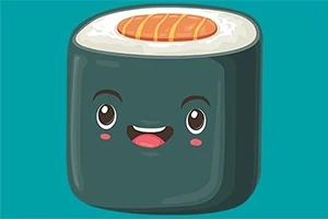 Sevimli yüz ifadeli çizgi film tarzında bir sushi parçası