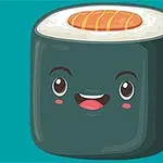 Sevimli yüz ifadeli çizgi film tarzında bir sushi parçası
