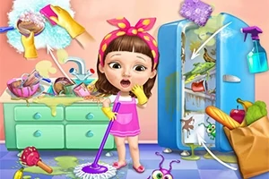 Pembe elbiseli ve sarı eldivenli bir kız, mutfakta temizlik yaparken dağınık bir ortamda duruyor, yanında kirli bir buzdolabı ve temizlik malzemeleri var