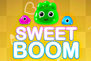 Yeşil, pembe ve mavi sevimli jelibon karakterler ile Sweet Boom yazısı